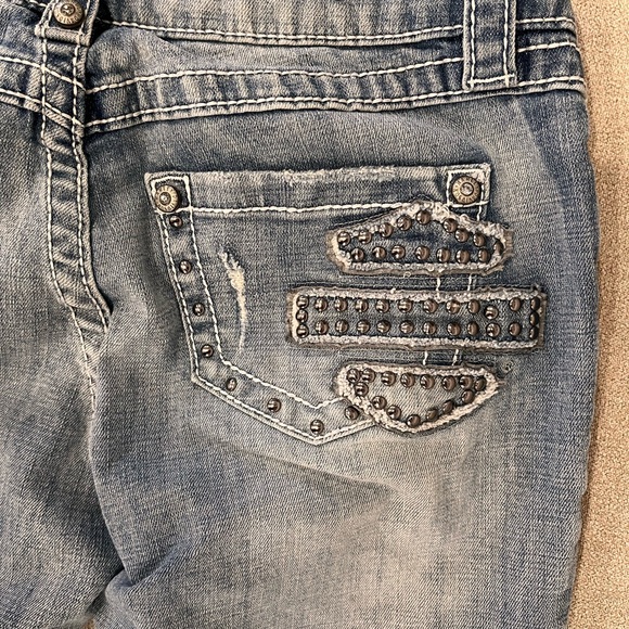 Harley Davidson distressed ripped low rise jeans. Gem and stud details. - Picture 12 of 15